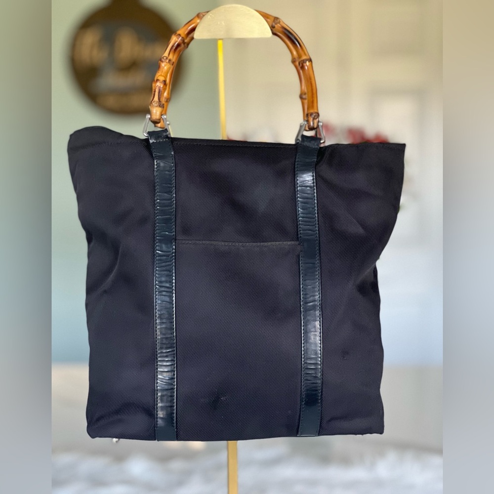 Gucci Black Canvas Tote Bag w/ Bamboo Handles 👜 Iconic Vintage